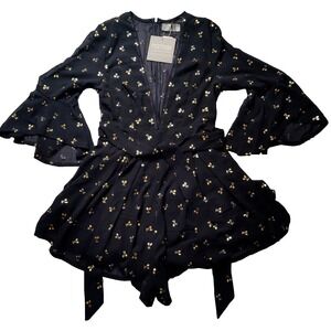 RUMOR BOUTIQUE Romper Black Rayon Mini Gold Cherries Print - Women Small  NEW